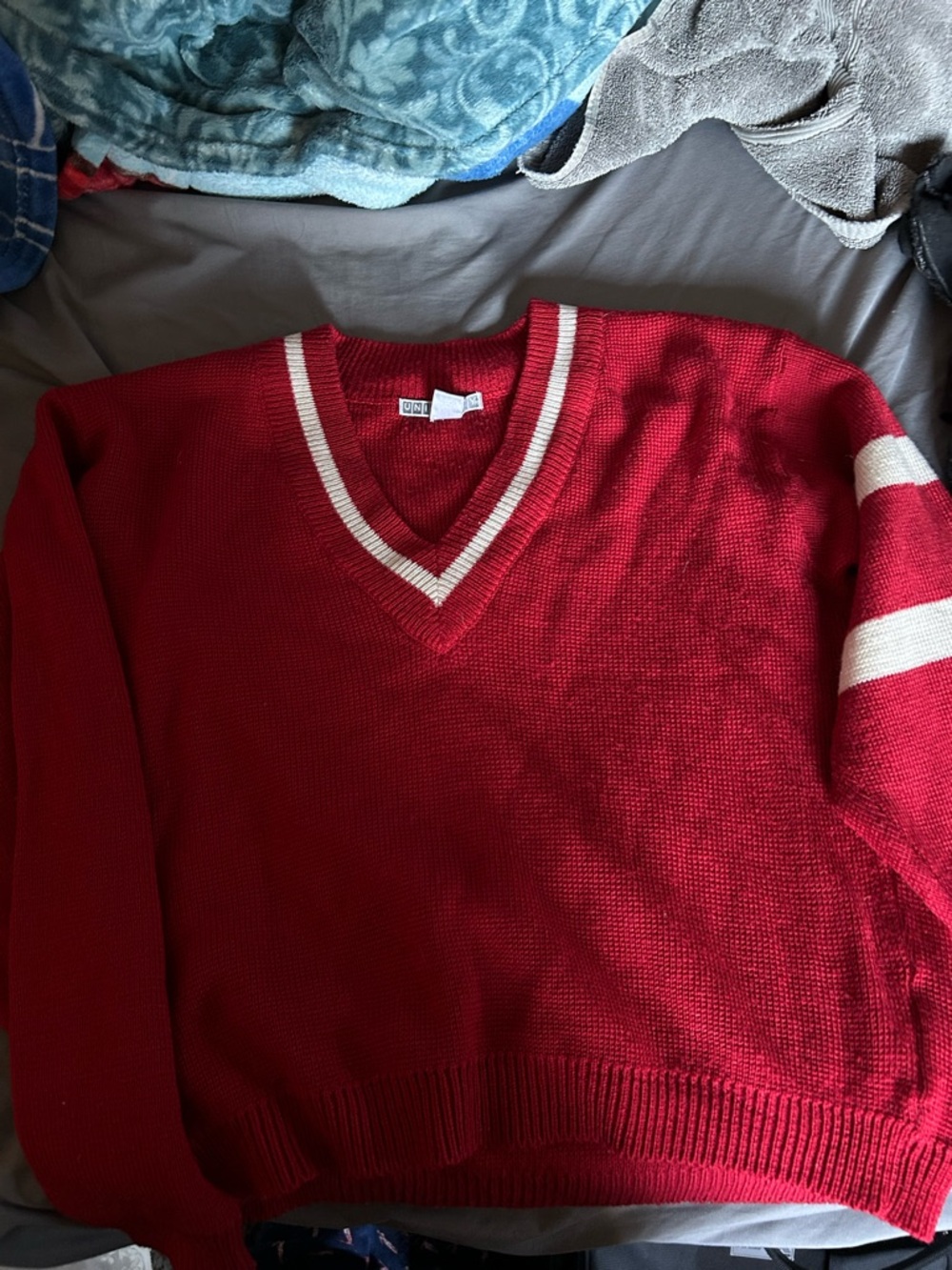 UNIONBAY Red V-Neck Sweater with White Trim
